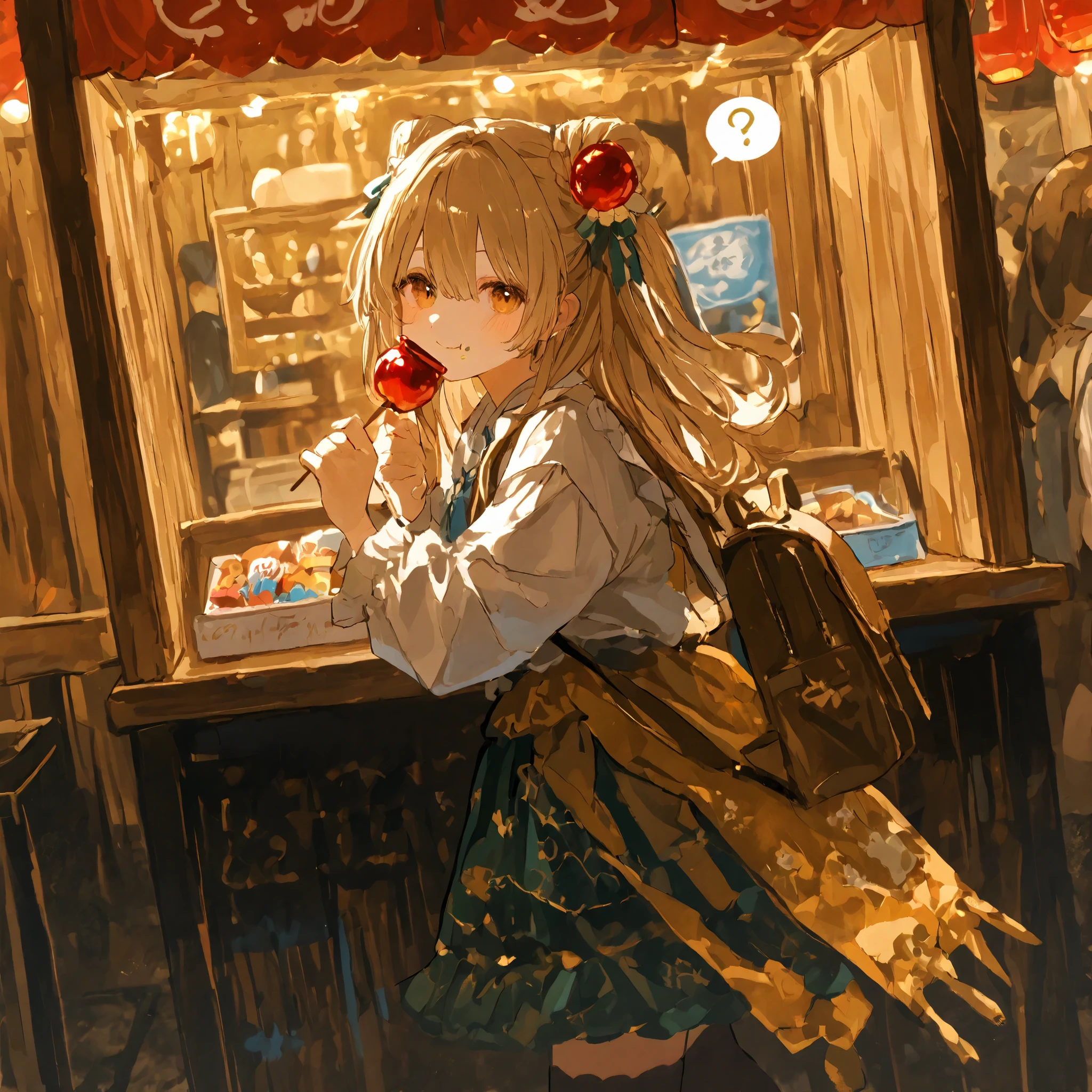 Courtesan、(smiling:0.7)、question mark on my head、Fair、stall、eating and walking、I'm going to eat a candy apple、Age 25