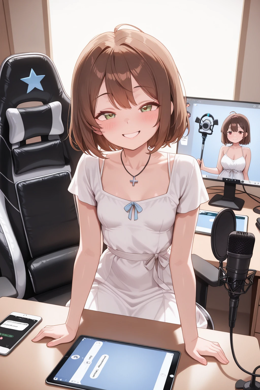 cowboy shot,on the bed,pale colors,(flat colors 0.05),(black outline),illustration,18 yo,(girl 1.1),brown hair,medium hair,straight hair, side braid ,tareme,big eyes,dark brown eyes,(scrawny),(small breasts 1.4),nude,nsfw,(heavy breathing 1.5), fingering, female masturbation, pussy, (pussy juice:1.5),girl trembling with sexual climax ,embarrassed,blush, ahegao,headphone, pc, monitor, (standing microphone:1.3), (darkness room:1.5) ,(sitting on chair:1.3) ,open mouth,one eye closed,