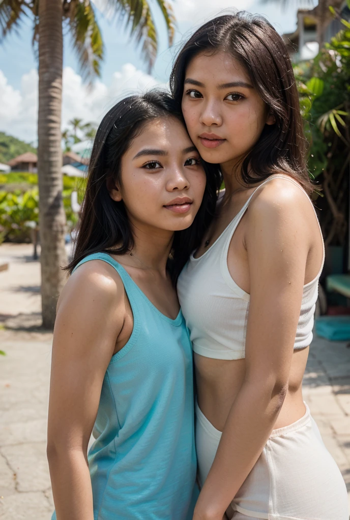 ((high detailed)), A naked Indonesian girls, 20 y((best quality)), ((masterpiece)), (detailed), two Indonesian girls, 20-years old, naked, very sweaty, thick hairy armpits, muscular abs, raising their hands high, on a hot day, at the beach