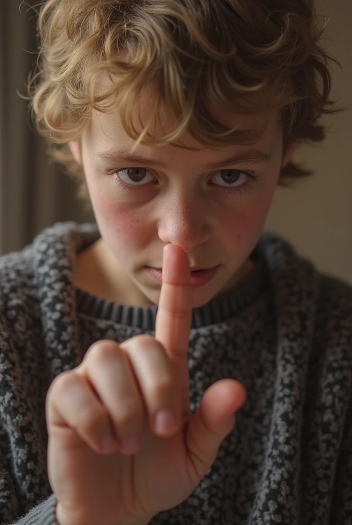 a boy with his head lowered, the picture was taken from above, so his face is not visible and only his hair, hair like a teenager, with a dark background, and the boy gives the middle finger to the camera