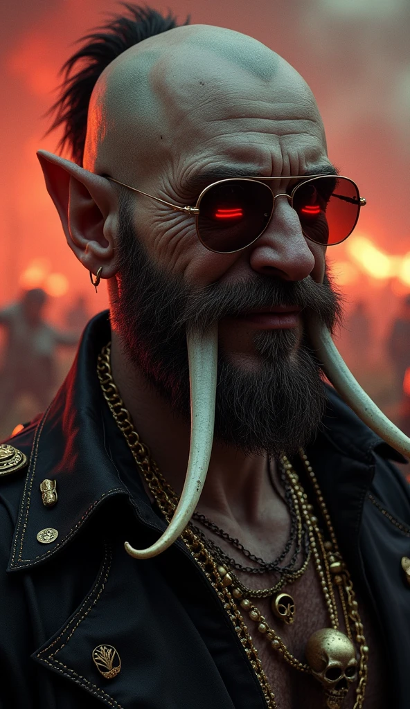 Hog-headed man，Tattooed with，There are scars on the face，Sit in the shadows，Holding a nine-toothed nail rake in his hand，Cigar in his mouth