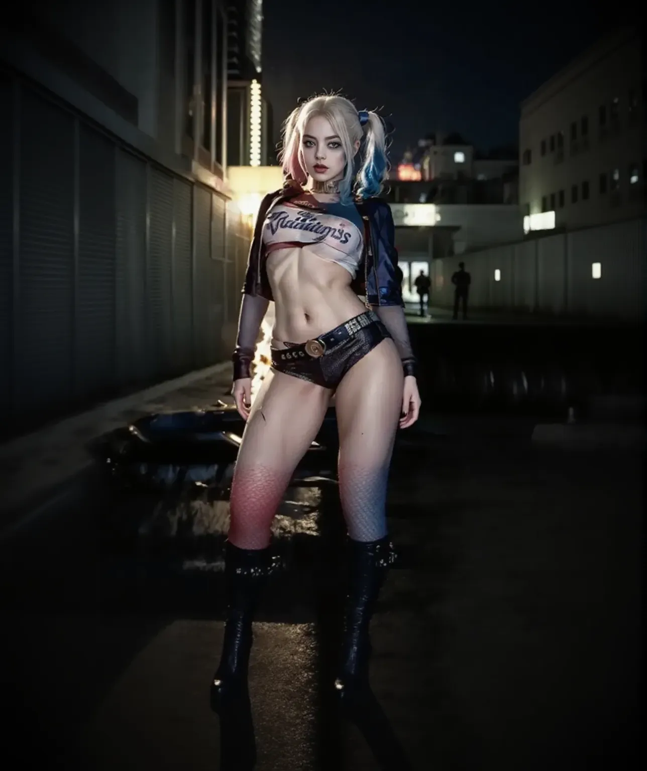 (CRU photo, best qualityer, work of art:1.2), (realisitic, photo-realisitic:1.4),(work of art:1.4),(best qualityer:1.4), ((cyberpunk sexy girl)) standing alone, :d, (earbuds), bangss, blush, ((colorful body harness)), breasts big, ((dynamic pose)), cowboy shot, (((cyberpunk city streets background))), hair intake, earbuds, long hair, gazing at viewer, side locks, ssmile, (((tight slit))), thicc thighs, twintails, very long hair, White hair,Alice \(to wave\),(shining skin),realisitic. sexy glute, nice butt
