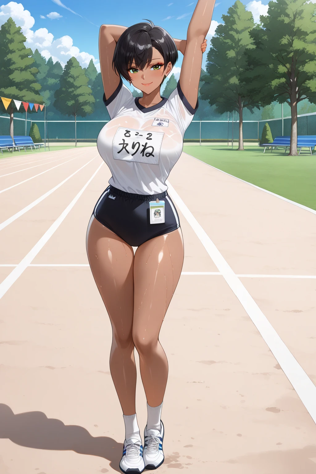 masterpiece,super detailed realistic illustration,1beautiful girl,track and field uniform,large breasts,slim body,