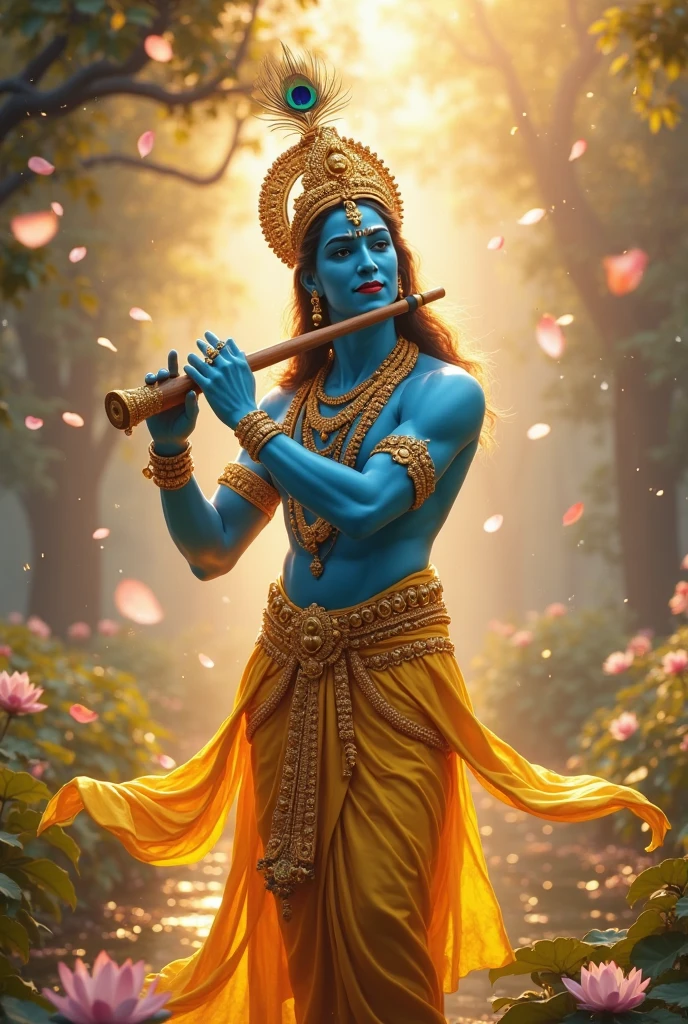 shreekrishna, jewelry, blue skin,earrings, long black hair,necklace,flower, Orange Dhoti,bracelet, makeup,forehead jewel,holding flute, eyes closed, smiling, extreme detail, hdr, masterpiece, beautiful quality, <lora:Krishna_LORA:1>