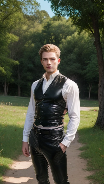 Caucasian man,  thin nose, thin lips, blue eyes, blonde hair, deer horn on his head, jockstrap, young handsome face, best quality,masterpiece,Ultra high detail,A handsome muscular man, deer horn on his head, topless, black micro thong, black transparent cloth in background, realistic,Grey background, full length shot(fls)