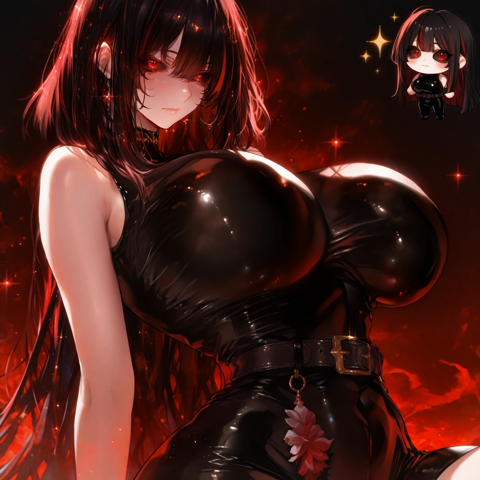 Masterpiece, very detailed, ultra detailed, one, (1 woman), japanese, She’s in a black dress with white detail and in a sexy position, super mature, tall, milf style, mature mother, super long hair, straight black hair and straight bangs, thin demonic horns, beautiful, charming, bright dragon Blood-red eyes, elegant, big breasts (huge, torn), bare breasts, cheerful breasts, friendly smile, charming, dark background, futuristic setting on huge dark-black fire and fog background.