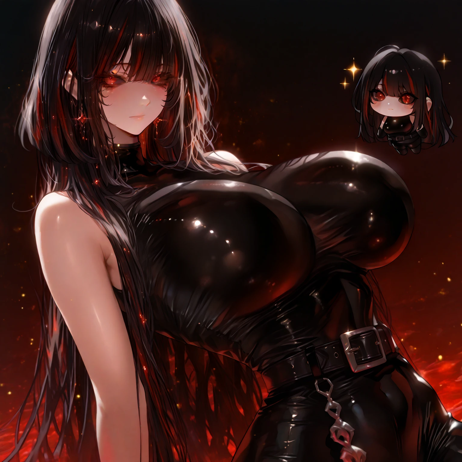 Two girls, big breasts, slim waist, большая зfromница, demons, red and black hair, Revealing clothing, from, fire, lava, lustful look, 