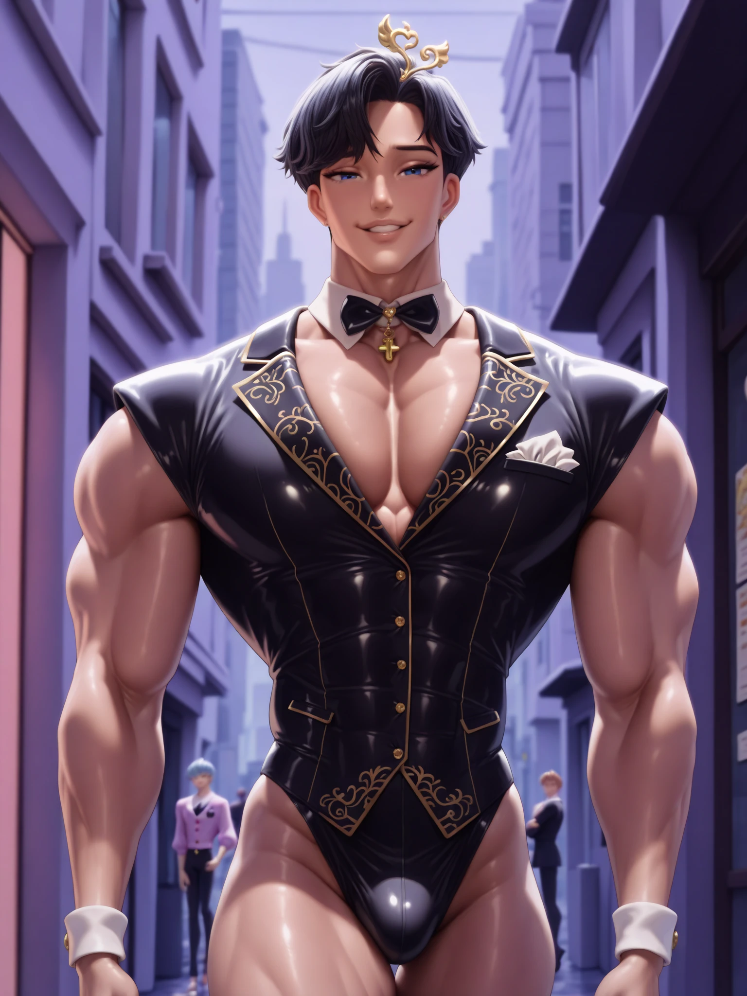 Highest Quality, masterpiece, unbelievably beautiful, very delicate 8k wallpaper, (muscle boy), bodybuilder, (tanned skin), Sweat, refreshing smile, closed eyes, Bunny ears, black enamel leotard, wrist_cuffs, bowtie, cowboy_shot