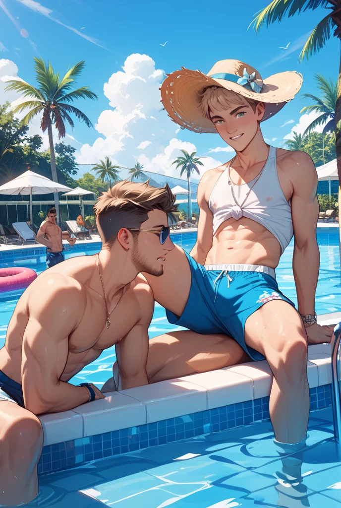 Clear background、Two handsome tall Japanese men standing face to face looking at each other, face very close，They are 28 years old，Thin waist，The pectoral muscles are well developed, Height 175cm，Weight 62 kg、yellow-green eyes、brown hair color、short hair、Shirtless、swimming trunks、Shy expression，Tanned skin，beach，Palm trees，hibiscus bush