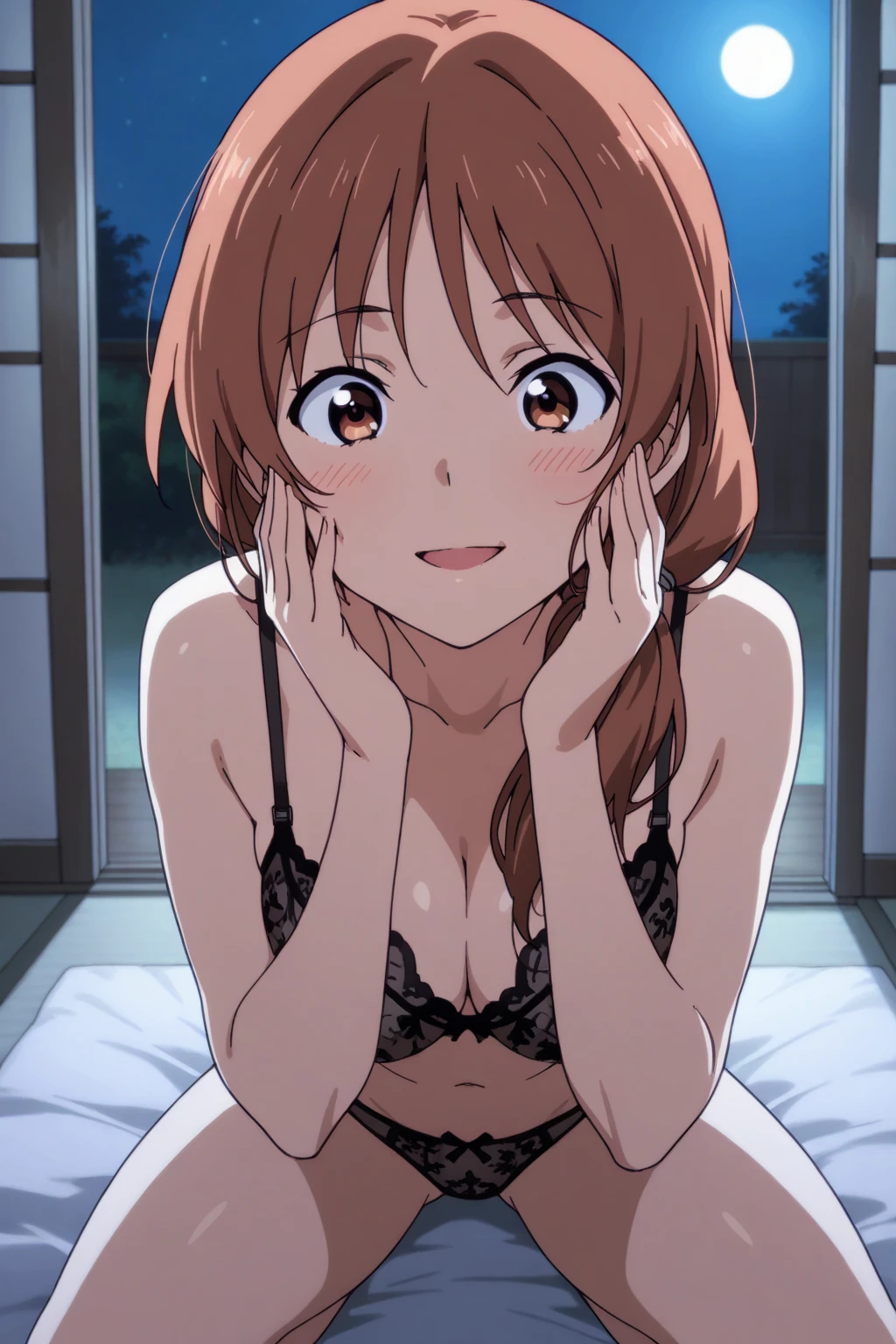 Oumae Kumiko,nsfw ,smile, Grin, break , indoor、Lie down on the bed,In underwear,Staring at the audience,(masterpiece:1.2), Highest quality, (Beautiful attention to detail:1.6), Highly detailed face, Perfect lighting,