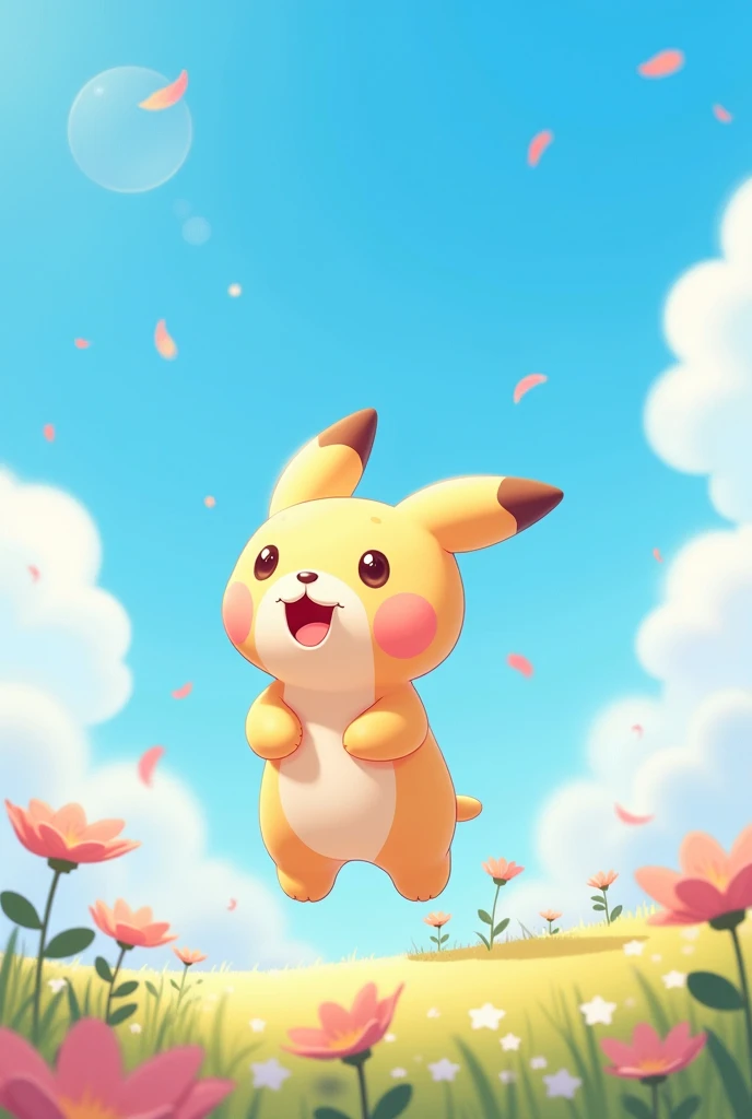 cute scene featuring Pikachu interacting with a rainbow. Use a bright and cheerful color palette with soft, painterly strokes. Pikachu should be standing joyfully at the end of a vibrant rainbow, surrounded by a field of blooming flowers and a clear blue sky. Include elements like fluffy white clouds and sun rays shining down to create a whimsical and enchanting atmosphere. The overall vibe should be warm and heartwarming, capturing the playful and magical essence of Pikachu and the rainbow.