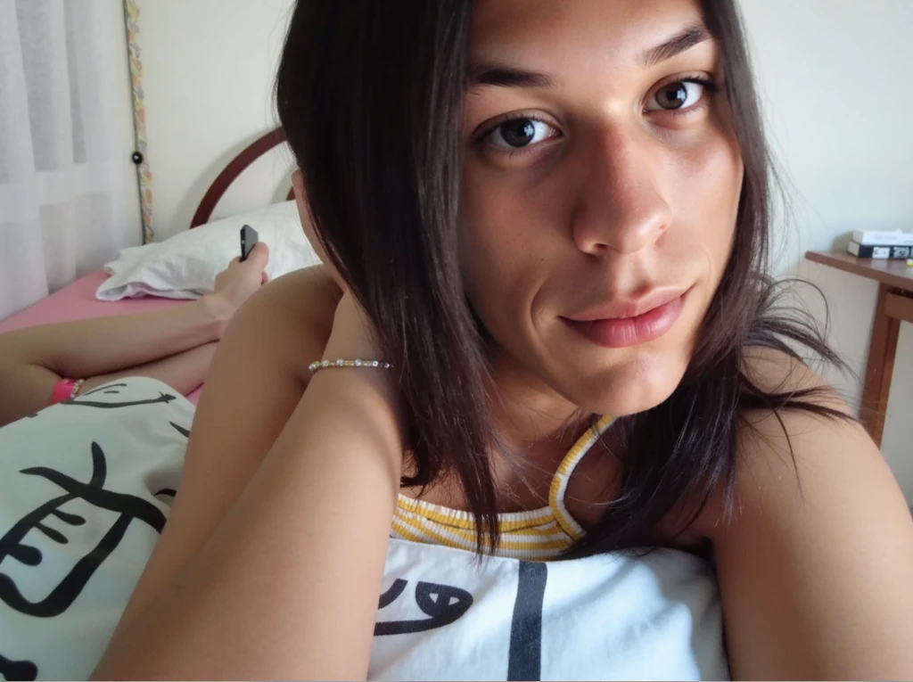 there is a woman that is laying down on a bed，No bra, lying at the bed, while posing in the same bed, Lying on her back in bed, Lie down in bed, leaked photo, posing in the bedroom, posing in bed, she's lying on her back, Lie down in bed, laying back on the bed, in the bedroom at a sleepover