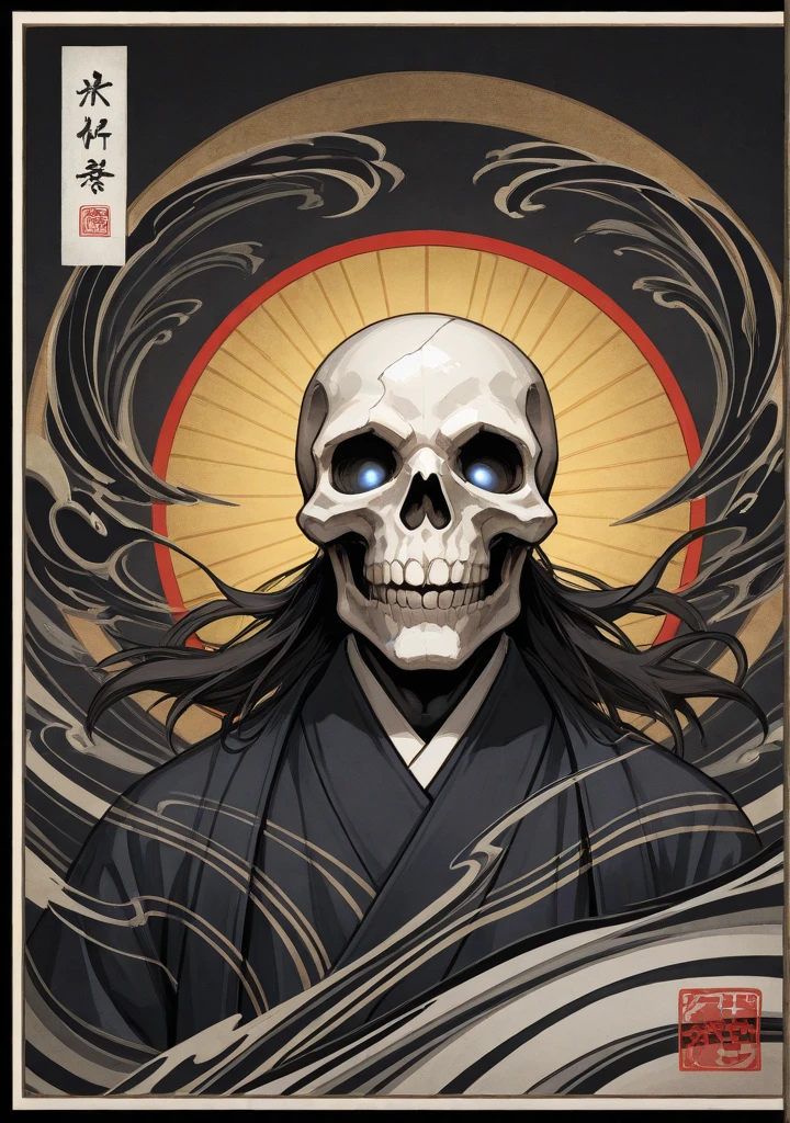 (masterpiece, best quality: 1.2), traditional Chinese ink painting , skeleton wearing oni mask , wearing monk clothes