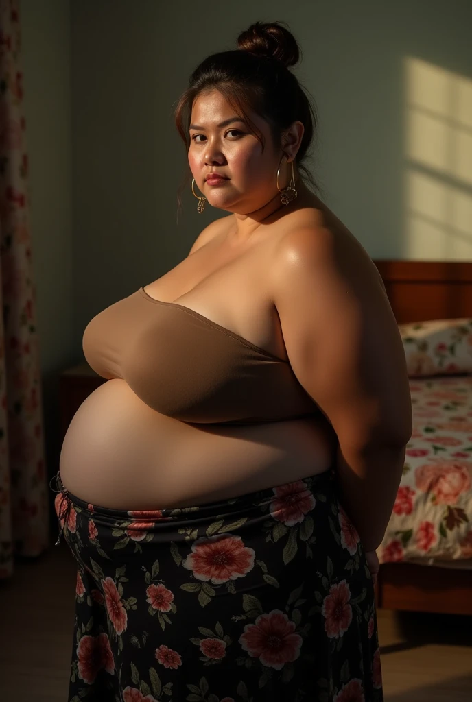 Extremely Hyperpregnant Laotian woman with huge belly wearing a dress
