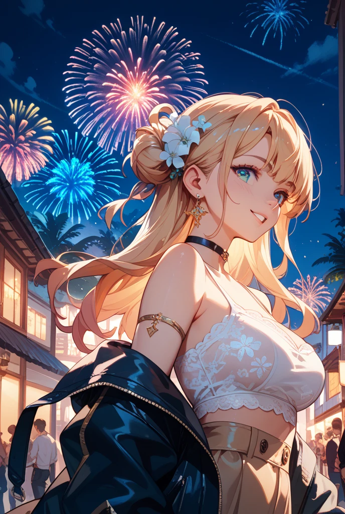 ((one personの女性)), Beautiful Face,Laughing embarrassedly,((Wink:2.0)),Smiling with teeth showing,turn bright red,Lighting on the face,Glossy pink lips,night,rooftop,Festive decorations,You can see the ocean, firework,((Anime style background)),masterpiece, highest quality, so beautiful, Latest, Complex details, (Pink long nails),(ring),(flower bracelet),Floral choker,AI-generated, Complex,High resolution, highest quality, super high quality,3D Images、View your viewers、3D Images,one person,Long Blonde Hair,High Ponytail,Turquoise Eyes,Anime woman posing for a photo, (Fine grain,Colorful eyes,Shining Eyes:1.4),(Squint your eyes:1.1),a hyperRealistic , hyperRealistic , Realistic,Blonde anime woman with long hair, Smooth anime CG art, A woman in a colorful kimono with gold embroidery, (Pink kimono),Red floral pattern,Long flower hair ornament,Large floral earrings,(ring),(Big Breasts:1.1),Mature Body,Tall,Big Ass,Fine details,Tight waist,Abdominal muscles,(Face close up:1.6),(Tilt your face), Shooting from an angle,