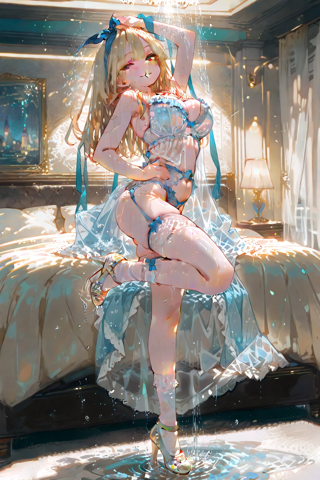Best Quality, masutepiece,(Perfect hands, Perfect feet,Perfect Anatomy),Saber, Faltria, 1girl in, gloves, elbow groves, Choker, White Dress, official alternate costume, breasts, clavicle, Ponytail, White Gloves, cleavage, straplessdress, Bow, Bare shoulders, Short hair, parody, Blue choker, Hair Bow, Blue Ribbon, 1girl in, wooden horse, Crotch rubbing, Thought-provoking liquids, Shibari,, masutepiece, Best Quality, Highly detailed、(Hands behind your back:1.5)、nffsw, Large breasts, White hair, Blue eyes, female focus, Full body, , Juice, Sweat, trembling,(Straddling a wooden horse:1.3)、Clothes are torn、,(white panties:1.3),