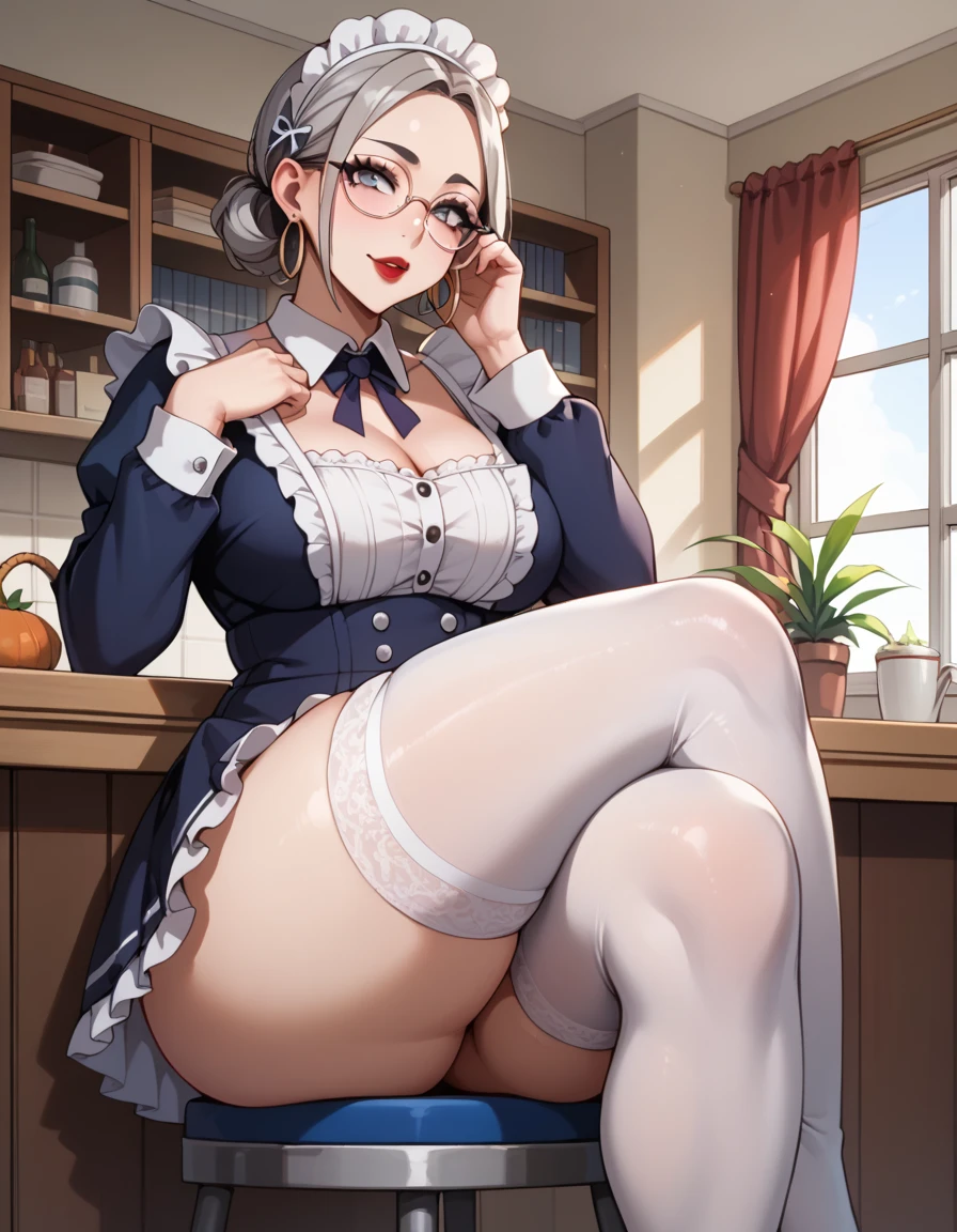 Girl, smile, red lips, big nose, big , big breats, fair skin, smile, long hair, yellow hair colors, sexy body, sexy girl, sexy pose, beautiful girl, big ass, maid costume, white underpants colors, pantyhose, white pantyhose colors, hig heels, black hig heels coolors, realistic girl pose, in room, sexy girl pose sit on the chair, gaze looking at the camera, ultra realistic, gaze looking at the camera, black hig heel shoes colors,