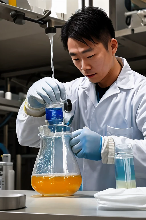 An indonesian man chemist, standing in the picture, doing chemistry procedures, chemical test laboratory, chemical analysis