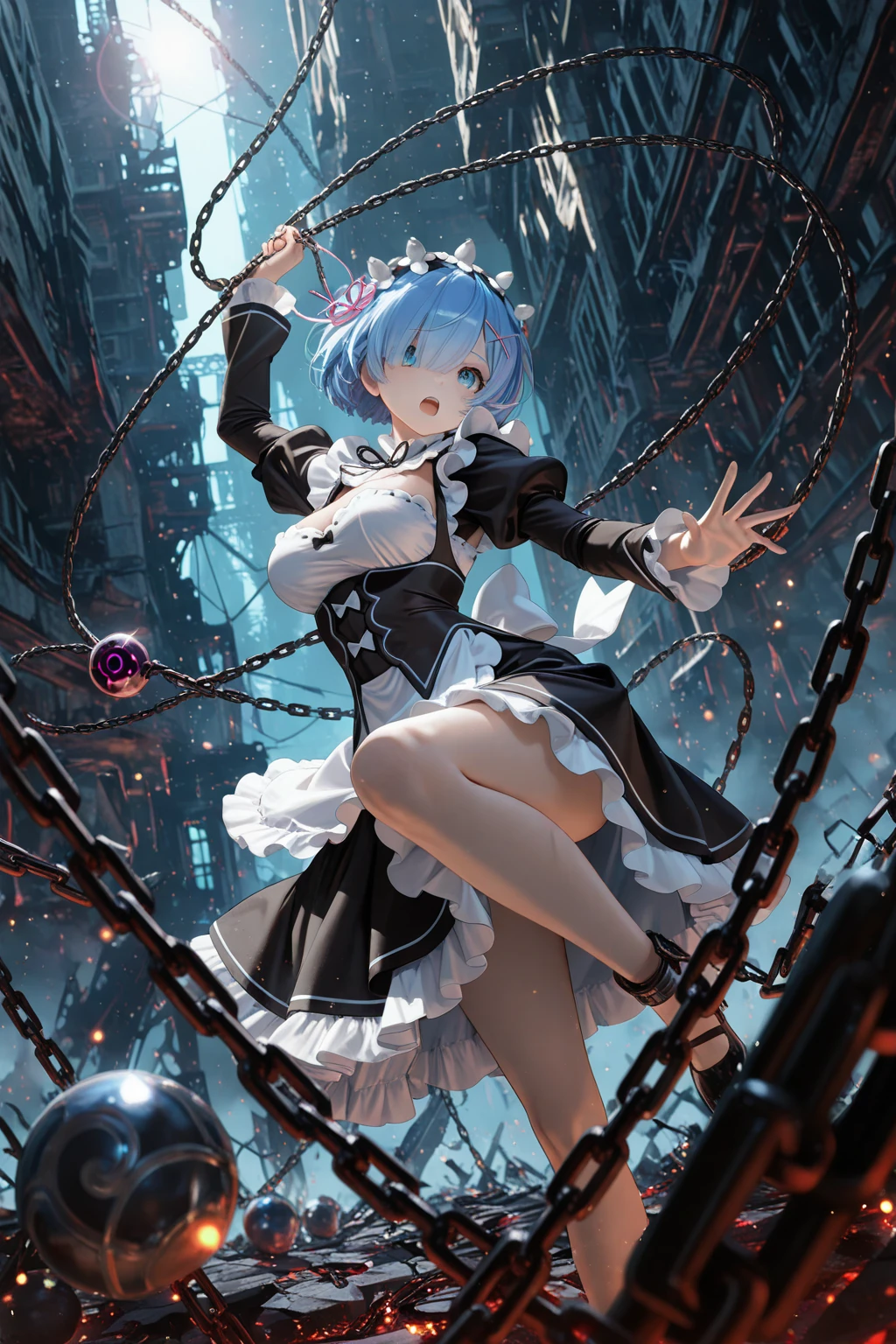 ((Magical girl transformation pose)),She puts her hands on her hips and glares at me.、Plump、Show your pants、Fighting Pose、Weapons Morningstar、Underground Prison、((The floor beneath my feet is crumbling))、((((Rem in chains)))),(((((Fisheye Lens)))))、(((Super huge breasts)))、((((Plump thighs))))、(((Rem from Re:Zero)))、looking at the camera、High qualityHigh quality、8ｋ、(((((Full body description)))))、Chest、Fantastic、((((((Maid clothes with torn chest))))))、looking at the cameraで、barefoot、(((Tall Rem)))、Sweat splashes、Clothes are ripped off,(Torn knee-high socks)、