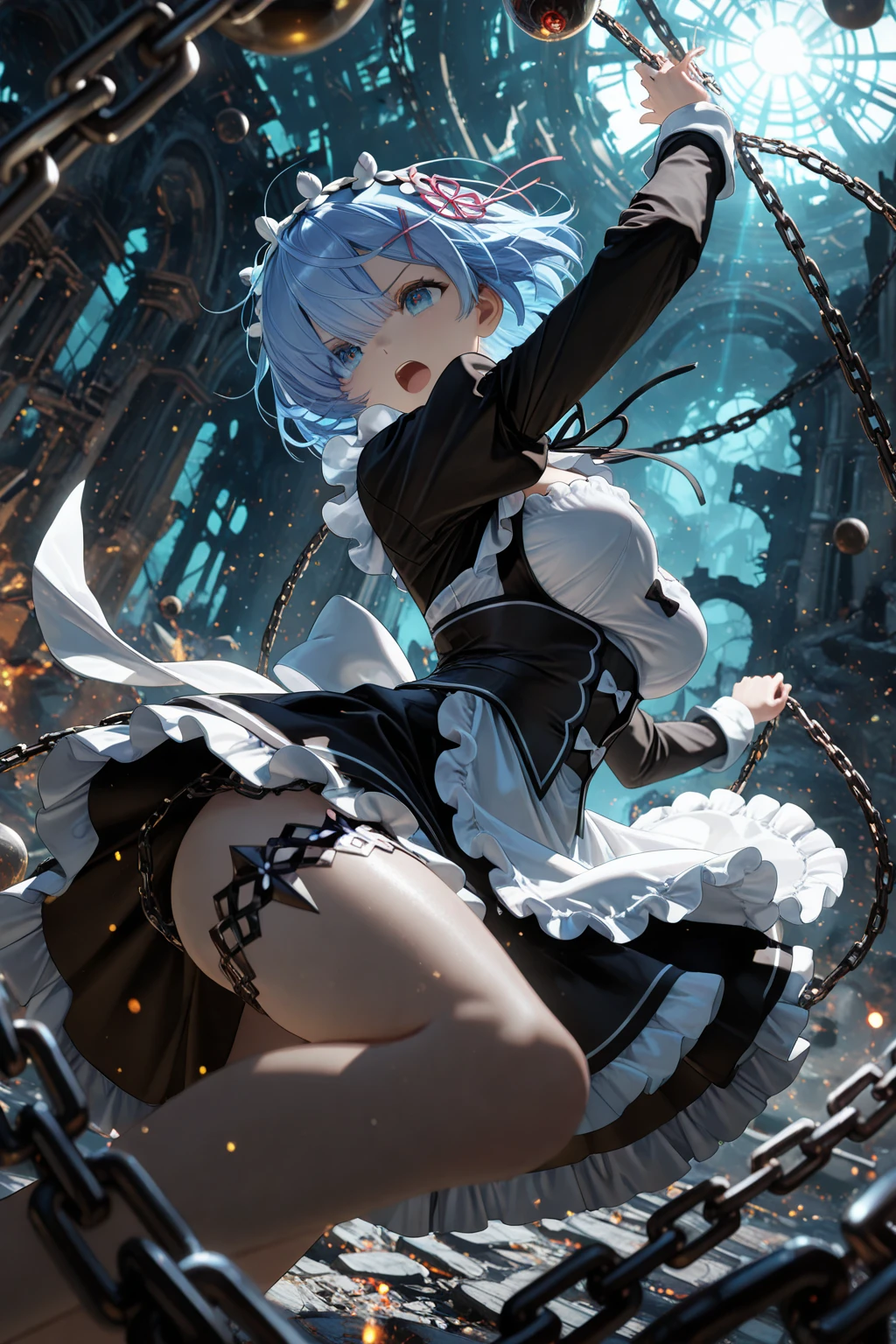 Rem tears off the chains、Plump、Show your pants、Fighting Pose、Weapons Morningstar、((Underground dungeon))、((The floor beneath my feet is crumbling))、((((Rem in chains)))),(((((Fisheye Lens)))))、((Super huge breasts))、(((Plump thighs)))、(((Rem from Re:Zero)))、looking at the camera、High qualityHigh quality、8k、(((((Full body description)))))、Chest、Fantastic、(((((Torn maid uniform)))))、looking at the cameraで、barefoot、(((Tall Rem)))、Sweat splashes、Clothes are ripped off,(Torn knee-high socks)、