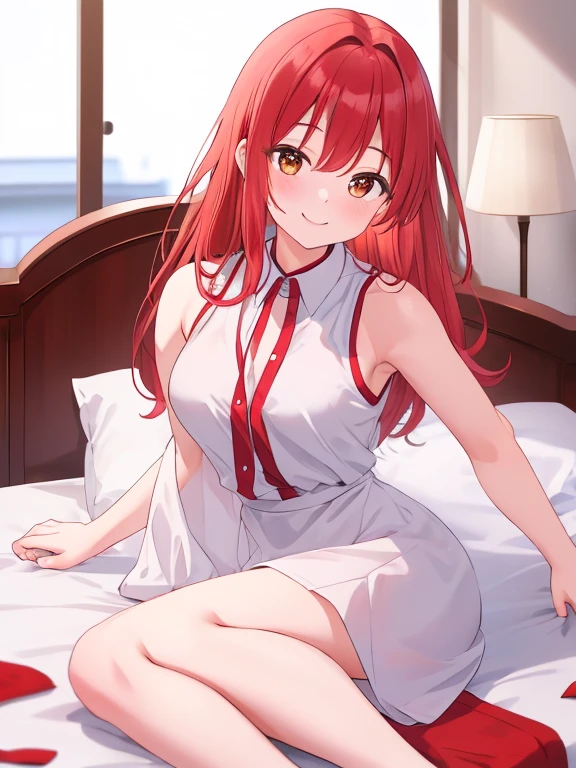 (masterpiece, best quality, highres:1.4), 1girl, solo, erzekr ready for bed, pajamas, pajamas pants, long sleeves, cleavage, cowlick, indoors, bedroom, bed in background, hair bun, red eyes, red hair, long hair, vampire, thighs, [large breasts], cowboy shot, depth of field, dynamic pose, looking at viewer, :d, smile,  <lora:erzekr-v0dot2-10:0.9>