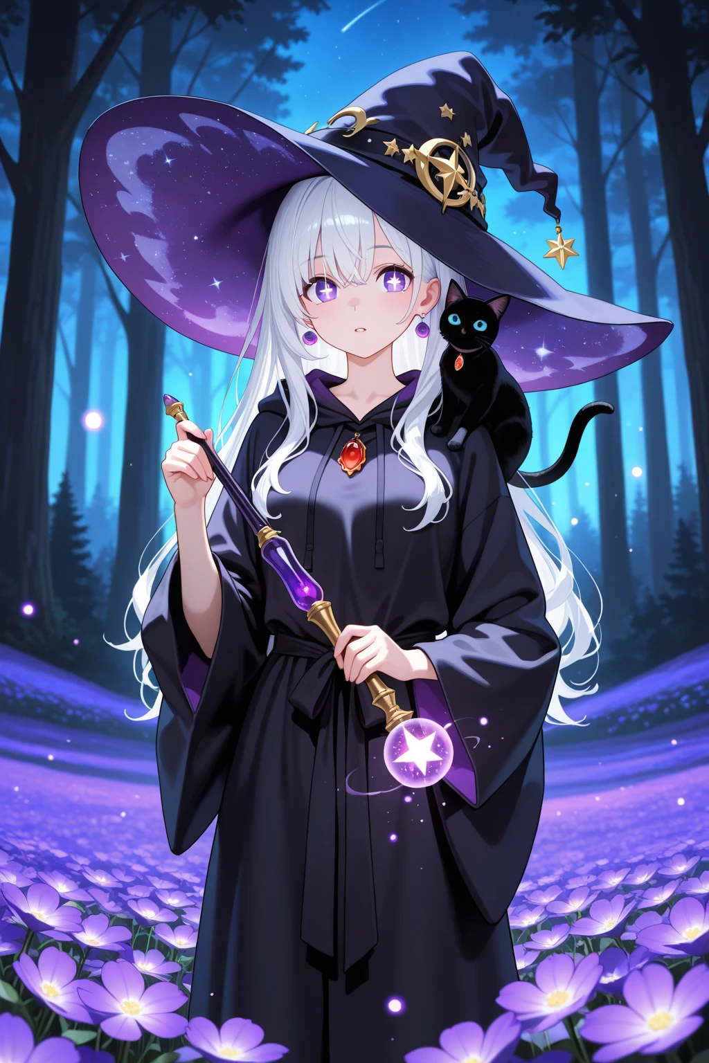 anime girl long purple hair wearing a black Robe. she has pointy ears. Witch Hat. Manga kawaii. iridescent ,An illustration, 0ne person .look back