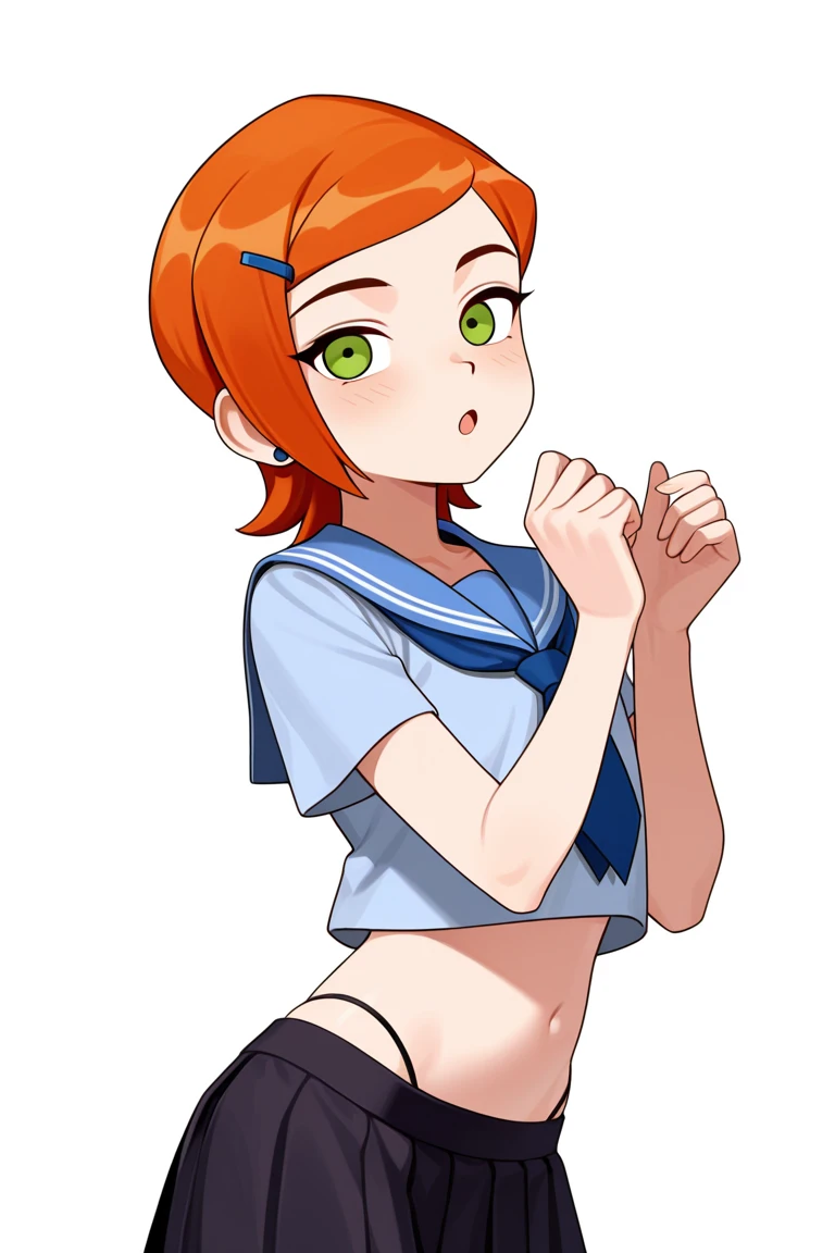 solo, Nami,1girl,orange hair,, short hair, blush, close up, nude, room, indoors, highres, side, on side, small breasts, nipples, , loli, , head up, looking up, orange eyes, navel, looking down, hands on stomach, pussy