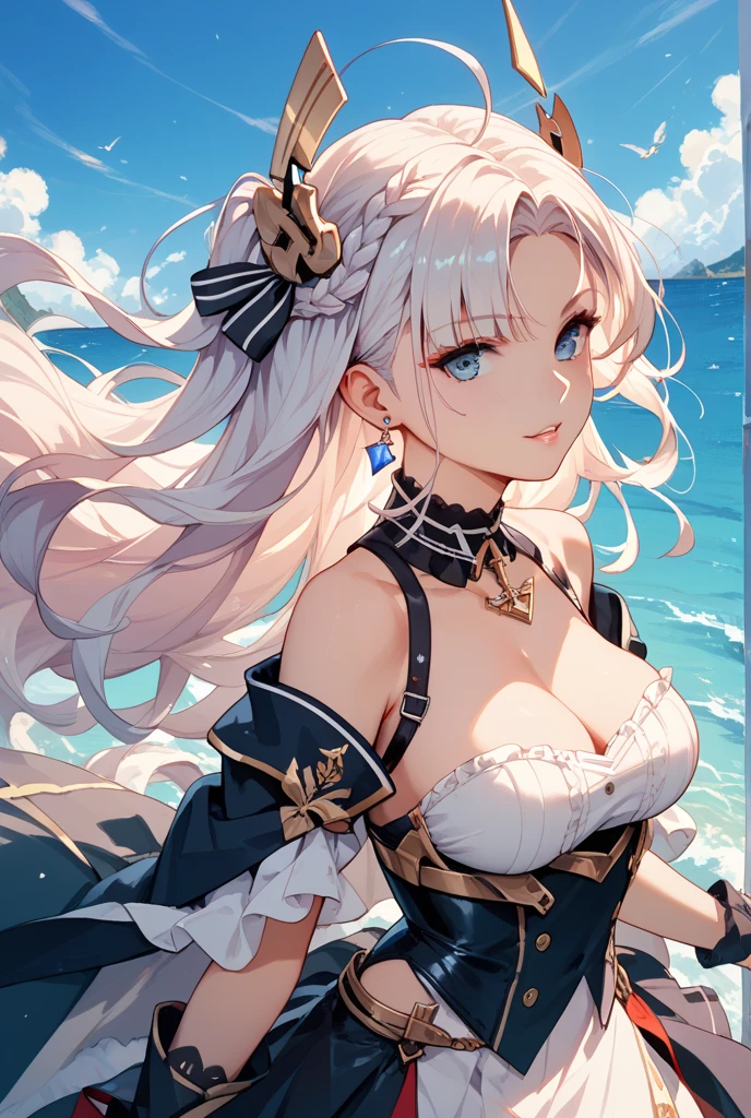 1girl, full body, bare shoulders, blue eyes, blue ribbon, cleavage, closed mouth, detached sleeves, dress, juliet sleeves, large breasts, long hair, long sleeves, looking at viewer, neck ribbon, puffy sleeves, ribbon, sky, smile, solo, very long hair, white dress, white hair, yorktown ii \(azur lane\),
detailed hands:1.5, beautifull hands,
<lora:yorktownii-lora-v1-32dim-20ep-naivae:0.8>
naval port in the background, naval ships in the background, <lora:detail_slider_v4:2>