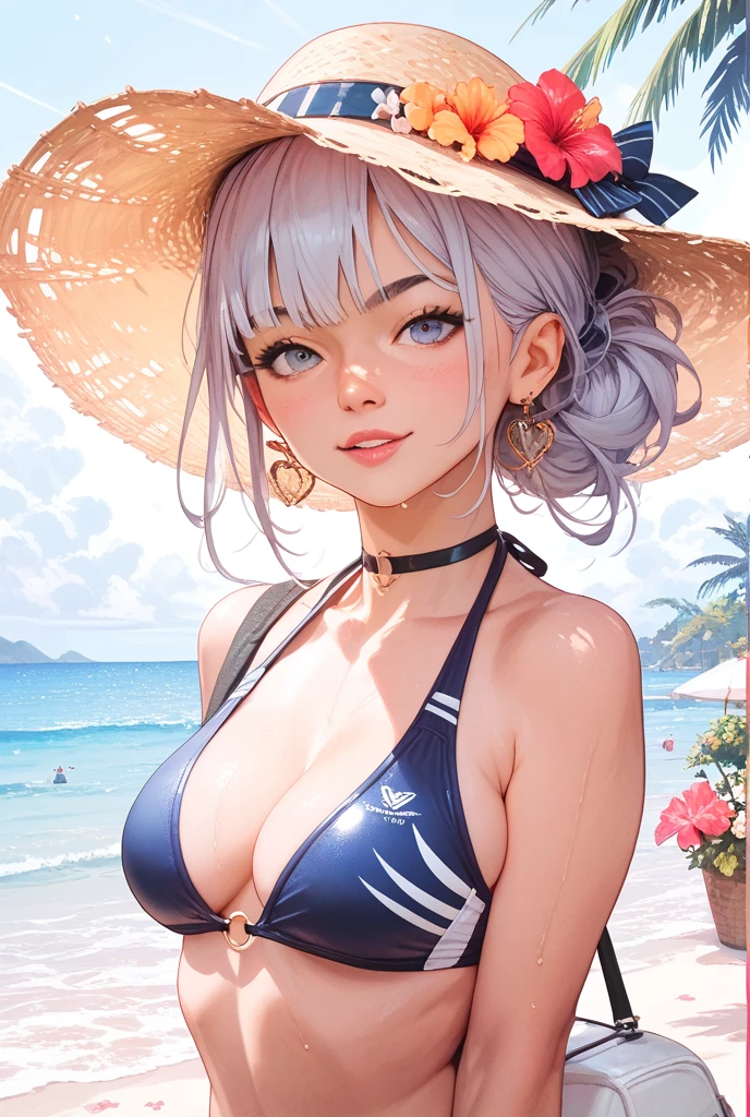 (tmasterpiece: 1.5), (Best quality at best: 1.5), A high resolution, high detal, 1 girl, Alone, Skin brightening, Sharpen, scavenging, hair straight, pony tails, Colorful hair, jewely, bangle, 耳Nipple Ring, cow boy shot, pale-skinned, ssmile, sea beach, Tiny microbikinis, (huge boob:1.3)