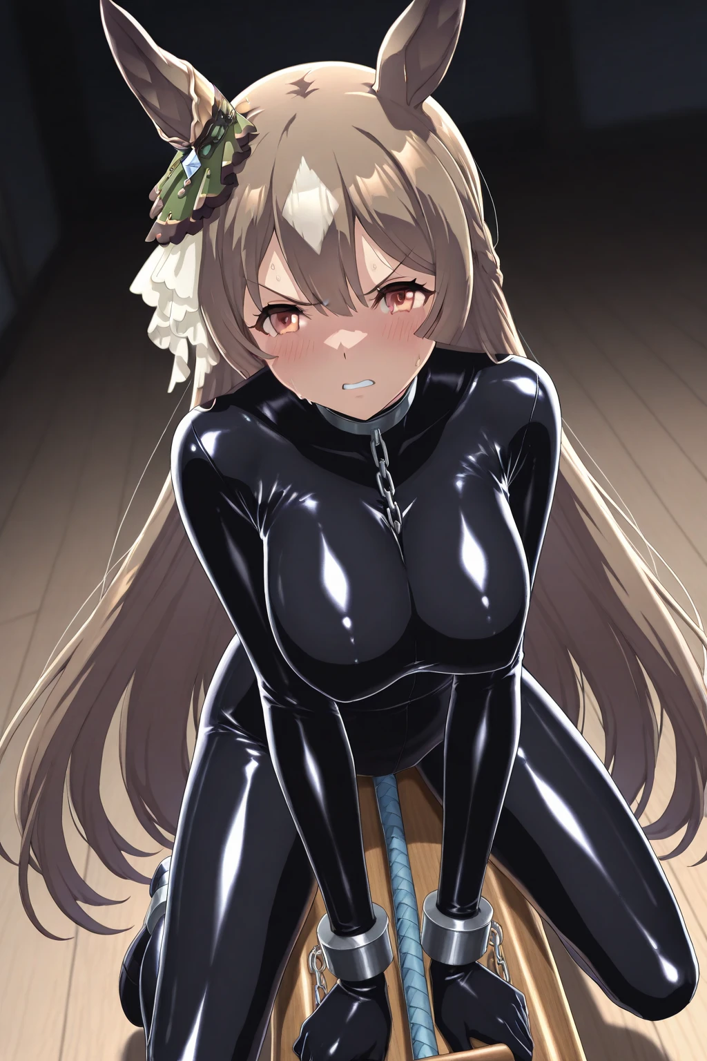 Mai Sakurajima, lange Haare, bangs, (schwarzes Haar:1.5), Haarverzierung, (lila Augen:1.1), Haarklammer, rabbit Haarverzierung, ((erröted)), ((gefesselte Handgelenke, Ankle with rope)), ((Arms behind the back)), ((Shibari over clothing)), auf einem Bett sitzend, Blick in die Kamera, hilflos, Bondage und Knebel, black Hair, bow, animal ears, cleavage, bare shoulders, pantyhose, bowtie, black footwear, rabbit ears, high heels, leotard, black pantyhose, strapless, black bow, detached collar, fake animal ears, playboy bunny, black leotard, strapless leotard, thighband pantyhose, black bowtie