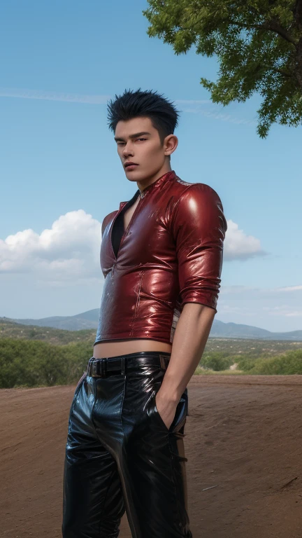 HD quality, high definition,male 18 years old handsome, muscular and slim, red lips, leaning against a motorcycle naked, (exposed vagina), model with bracelets, earrings and Necklace, wearing head band and sunglasses, open vest, full sexy body , sweating a lot, (exposed vagina)
