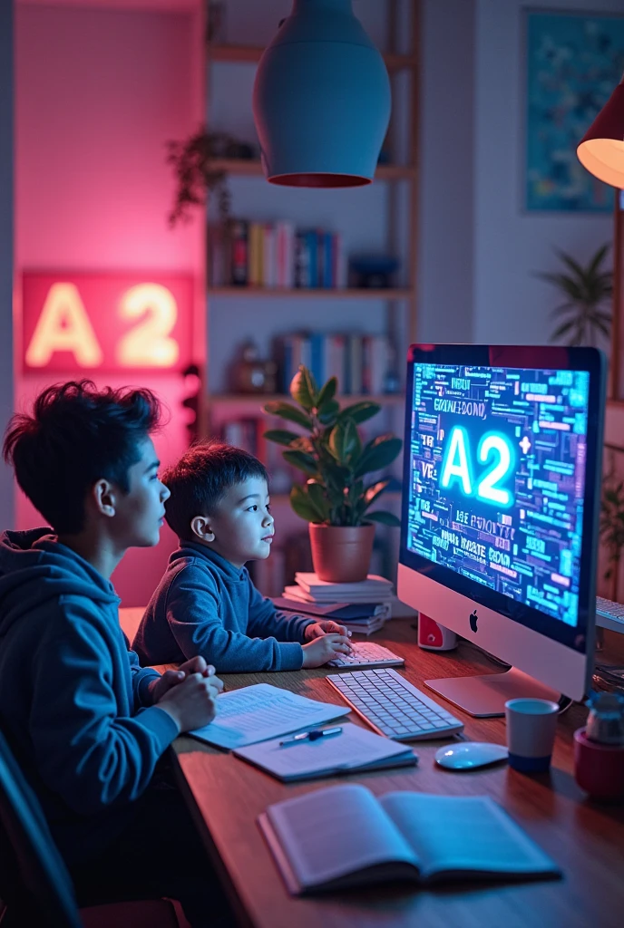 A short-haired IT expert wearing a black t-shirt is working in his room and there are three laptops on his desk., a cup of coffee, and vape. And beside him there was a five year old fat baby boy., short hair playing guitar. Real-like photo results.