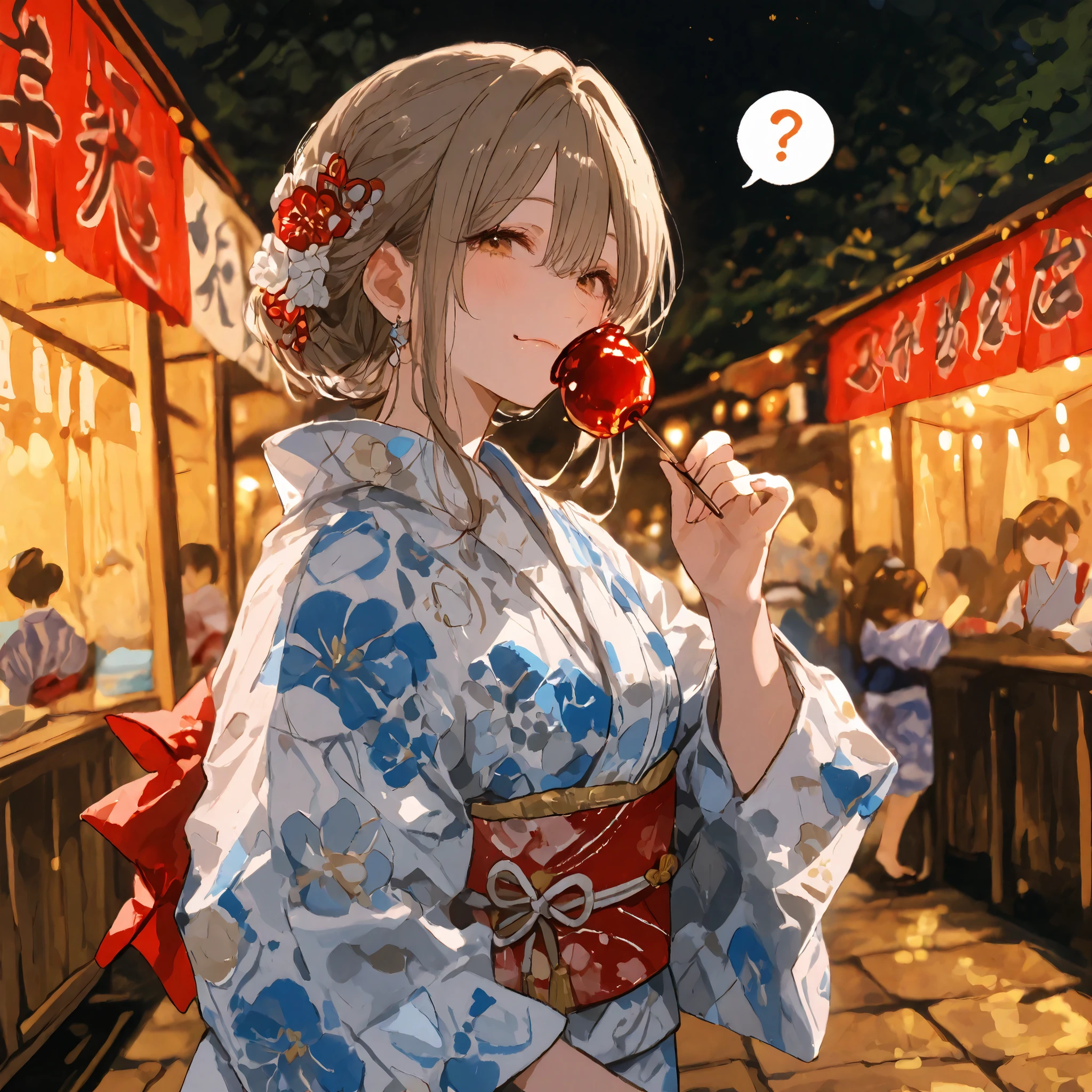 Courtesan、(smiling:0.7)、question mark on my head、Fair、stall、eating and walking、I'm going to eat a candy apple、mature girrl、yukata