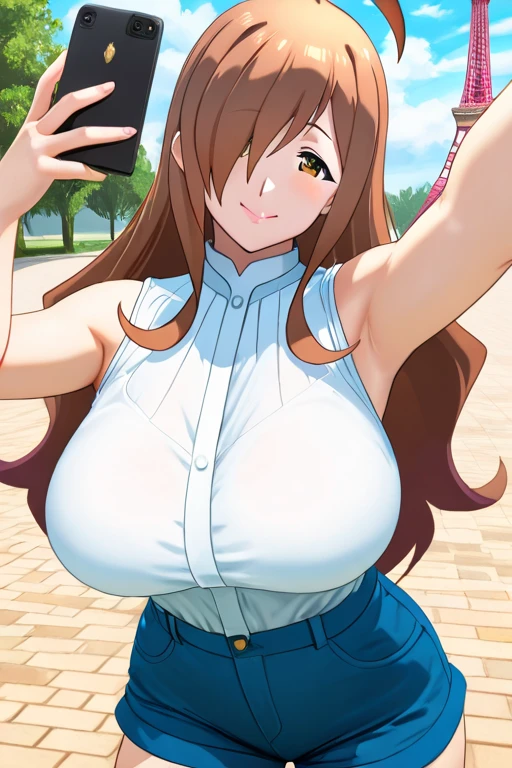 (Huge tits), (nude), (nipples), (pussy), best quality, (masterpiece:1.2), highly detailed, street, 1girl, kotegawa nanaka, looking at viewer, slight smile, open mouth, brown eyes, brown hair, cleavage, long hair, random pose