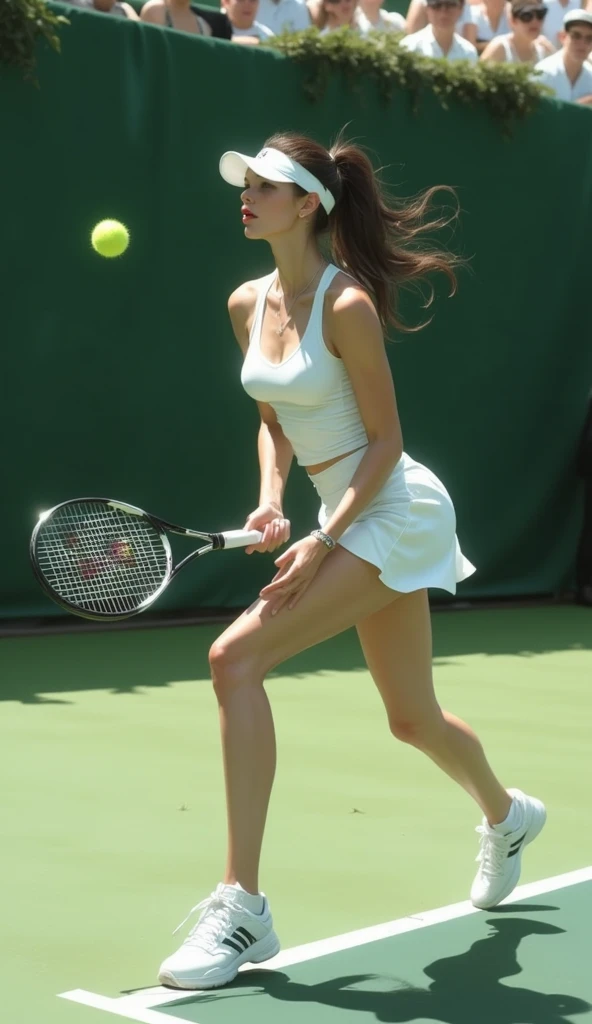 ultra detailed photographic, Full body,1 Teenage　girl, tennis uniform,skirt,nice legs, Large breasts,Wet　skins,Sweat,Female athletes, tennis venue,dynamic angle