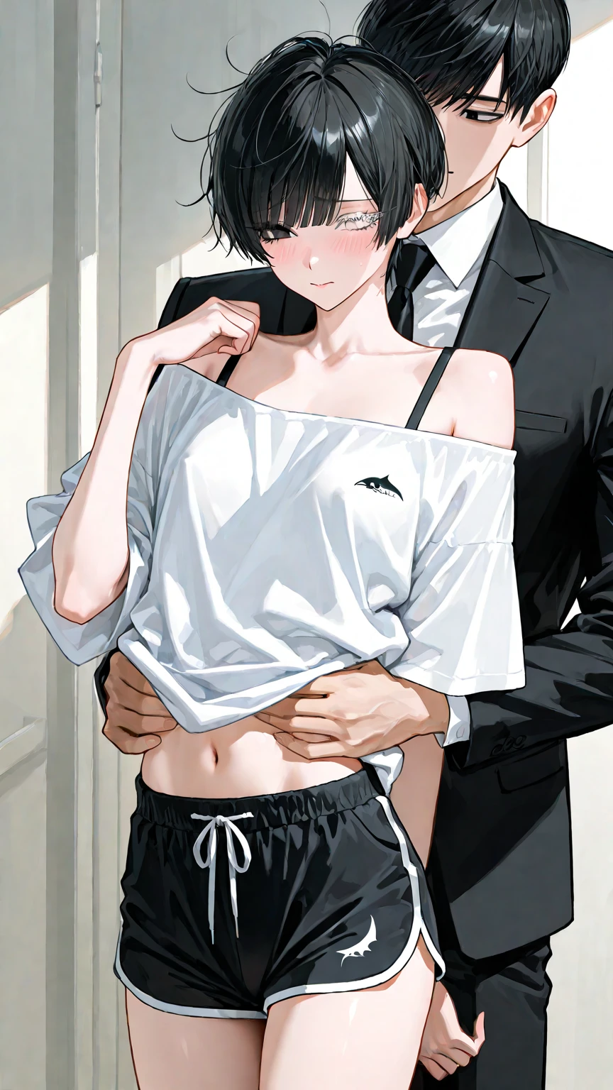 Male and female couples、Flirting、Intense kiss、girl with(White head hair,short-hair,kawaii、Embarrassed look,off-the-shoulder sweater,small tits:1.3),Handsome man in a suit,(Men in suits,well-muscled,Firm shoulder width, Brown hair,Boyish hairstyle,cool expression,tall, 33yo:1.2)、Background with（a room、a bed）、The time is midnight、Soft lighting