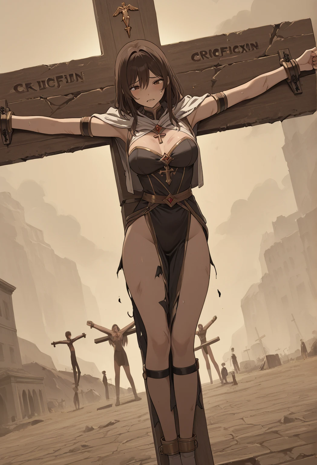 (best quality,highres),(realistic:1.37),(portrait),(studio lighting), ,solo mature woman,curvy, giant breasts, large perfect ass,straight strawberry blonde hair, brown eyes,full lips, seductive, ((lifted skirt)), ((breastplate)), ((pussy view)), ((hanged:1.2))), (((mother surrounded by exited men:1.2))), (((huge erected penises))), (((she is restrained by rope:1.2))), (((she is strangled by rope:1.3))), (((standing on tiptoes:1.2))), (((on gallows))), (((Scarlett Johansson:1.2))), (((head hanged by noose rope around neck:1.2))), (((orcs:0.8))), (((one naked natural sagging breast))), (((gibbet:1.2))), (((tense rope above head:1))), (((medieval))), (((hanging view from below)))