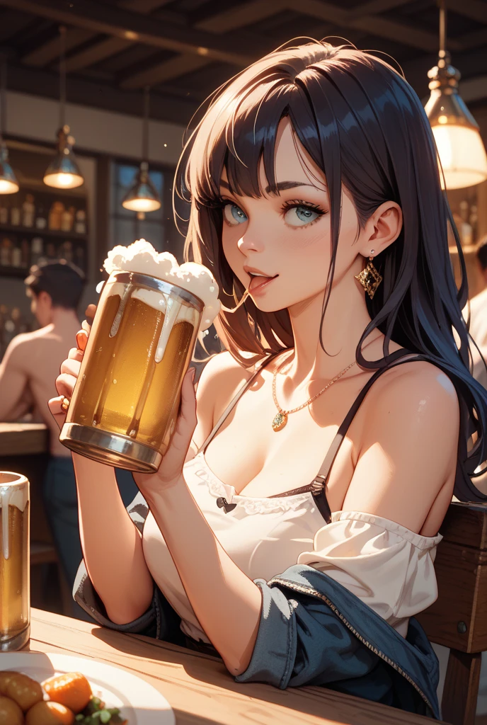 最high quality、Best image quality、masterpiece、With a girl((cute、20-year-old、Best Bust、Medium Bust、Beautiful Blue Eyes、Spread your chest wide,Black Hair、ponytail、Disheveled Hair、thin、Highest Valley、Blue Tank Top、Blue shorts、smile、Beer を持つ、Drunk)）high quality、Beautiful art、background((night、festival、stall、Fireworks、Beer )),Tabletop、Exquisite design、Visual Arts、Written boundary depth、Best lighting、Highest detail、8ｋ