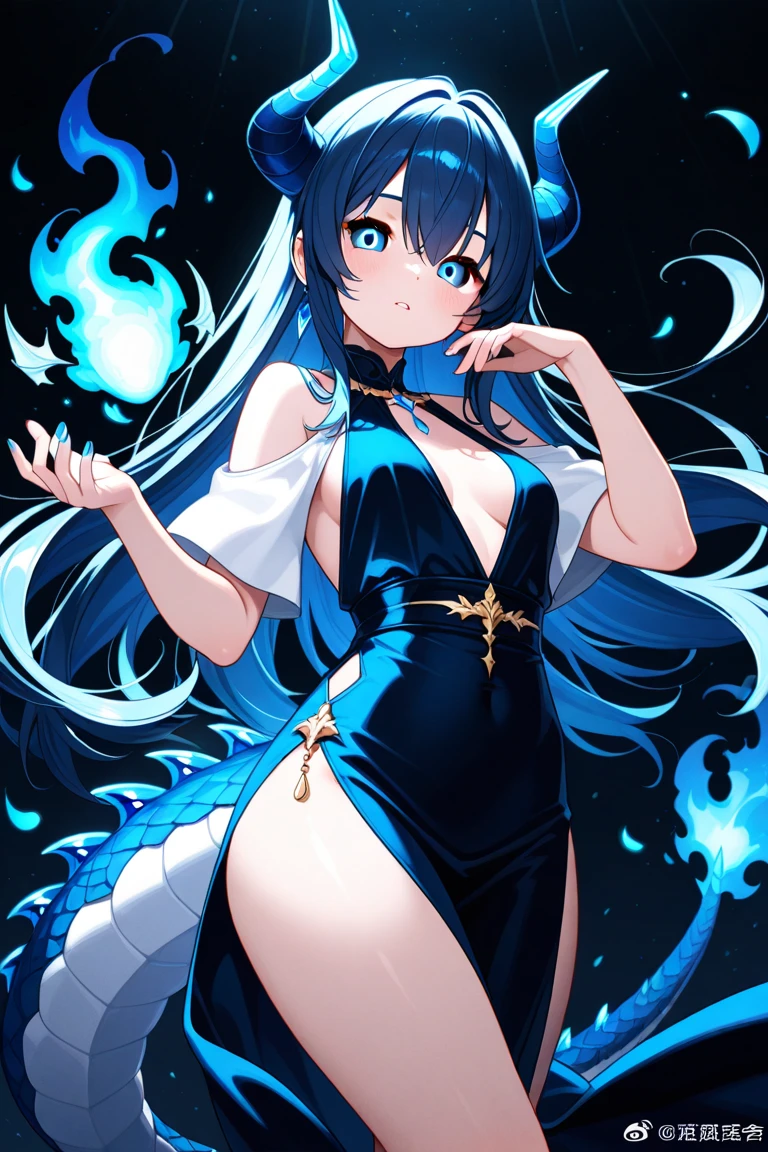 ((Highest quality、unity 8k wallpaper、32k、masterpiece、Very detailed、Ultra-high resolution、Ultra-high resolution、 Very detailedな顔, RAW Photos, Professional, Ultra-fine painting, Anatomically correct lizard man)) AndroidKotegawa Yui morphing into blue Dragon, kotegawayui, Long black hair, Yellow Eyes, ((Reptile Eyes)、mouth with sharp fangs,,、From shoulder to collarbone、It is covered with fine scales up to its neck..、(In the ass、juxtaposition, Impressive lizard tail stretching from tailbone to spine) 、Lizard legs with sharp claws、Fine blue scales that grow like thigh-length socks、Fine blue scales that grow like long gloves、Long nails)、Nipples are fully visible、((There are fine scales on the sides、It has fine blue scales growing around its waist.., Scales on the back、Scales from flank to thigh))、The boundary between the scales and the skin is unclear、