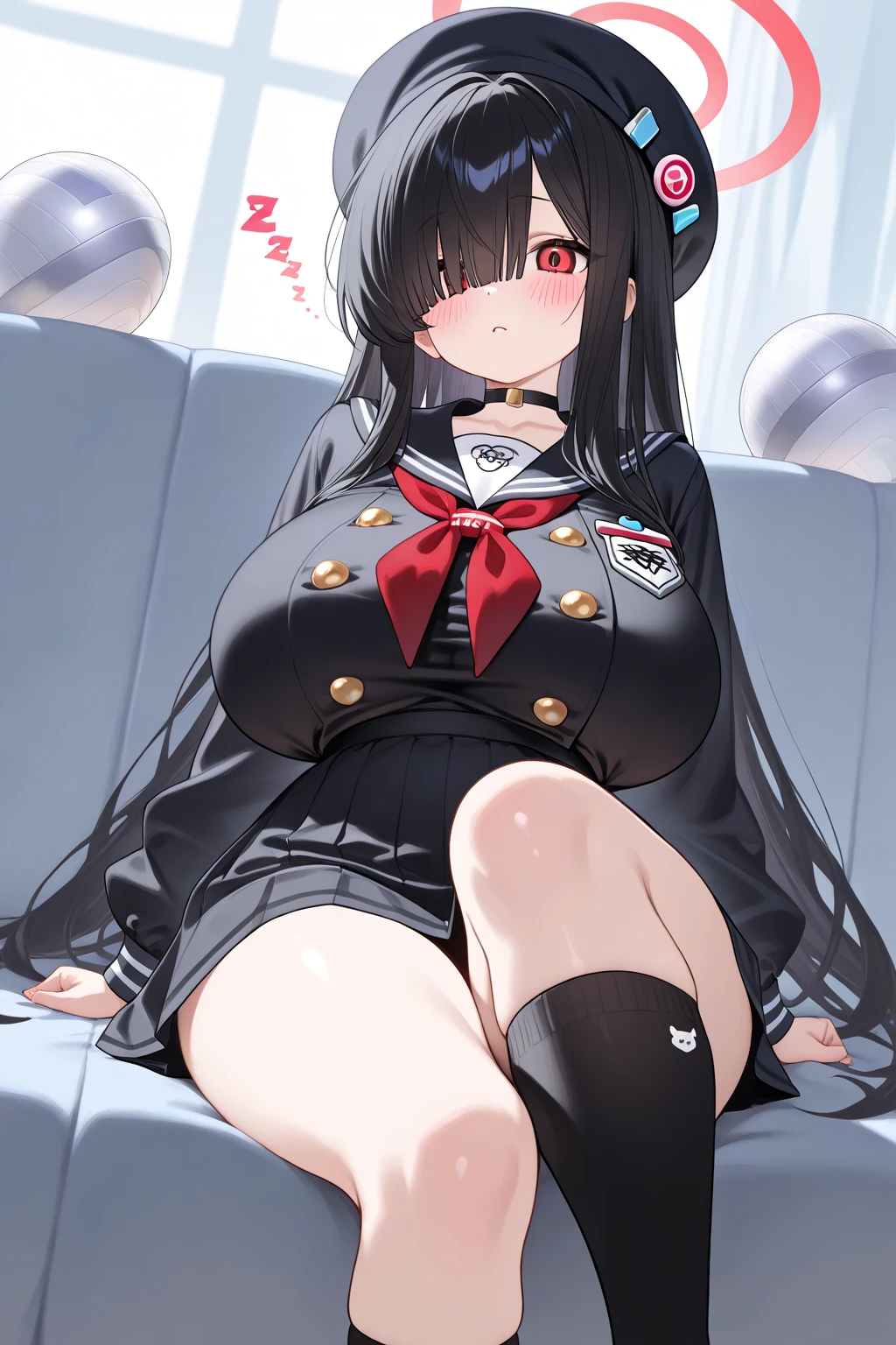 mitsumin, 1girl, headgear, shirt, long sleeves, pleated skirt, thighhighs, knee boots, sitting, zettai ryouiki, miniskirt, closed mouth, snowing, heavy breathing,  <lora:mitsumin_V6-09:0.7>