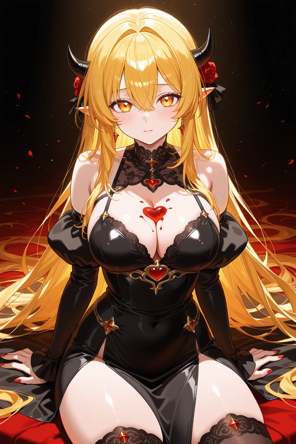 (dominating viewer:1.5) (femdom:1.5) (very close up) (1girl) (adult woman) (topless:1.1) (elaborate beautiful red gold dress:1.2) (ruby red chains on wrists) (girl looking at viewer intently) (ruby red halo) red rose choker, night, dark cozy bedroom, Good lighting, Shadows in the movies, very large breasts, thin waist, Long HAIR, (blonde hair), original HAIR style, Dynamic Angle, (detailed face:1.3) (dynamic lighting:1.5), (orgasm), (horny look:1.4) (ruby red eyes glowing with power:1.5) (ruby red leaf bracers on arms) (ruby red leaf hair piece) (elaborate ruby necklace) (red roses on bed:1.3) (red roses in hair) (stunning beautiful red eyes)