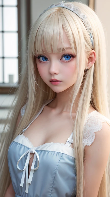 bright look、photorealism、highest quality、Super high resolution、picture、Photo of an exquisitely beautiful Scandinavian girl、extraordinary beautiful girl、cute and beautiful face details、(Pueros face_v1:0.008)、beautiful bangs、alice in wonderland、18-year-old、Shining white skin、hair run that extends to the face、bangs between the eyes、super long hair、Attractive light and dark platinum blonde super long straight silky hair、thin hair、Charming shining beautiful bright clear light blue big eyes、white apron、yellow dress、eyeliner、double eyelid、rich bust