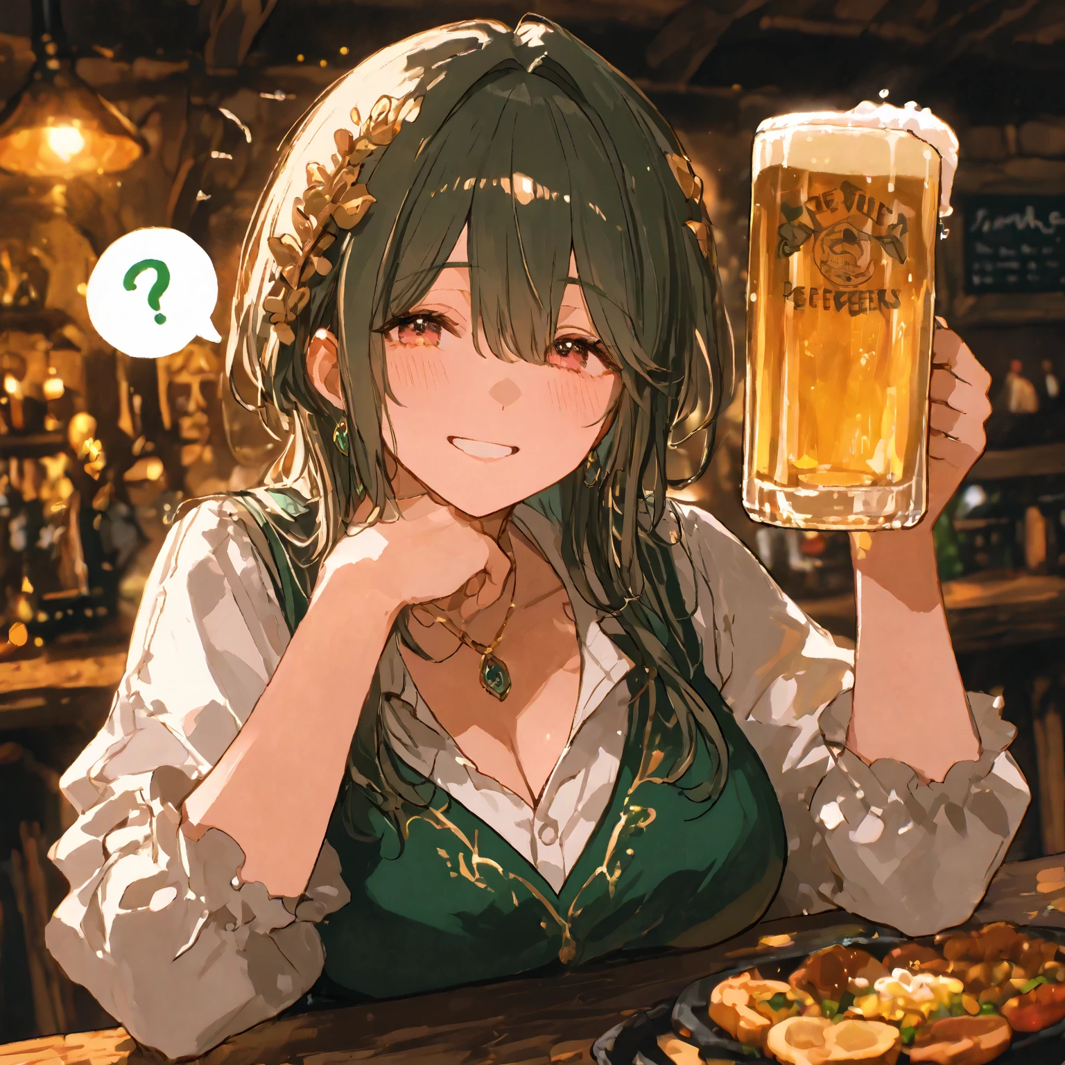 score_9,score_8_up,score_7_up,score_6_up,source_anime,<lora:Vanillaware_XL:1>,close-up,sitting,1girl,muscular,looking at viewer,from side,upper body,brown hair,smirk,hair over eyes,green hoodie,short hair,brown eyes,large breasts,underboob,green cape,thumbs up,bar,table,beer mug,money bag,gold coins,gems,