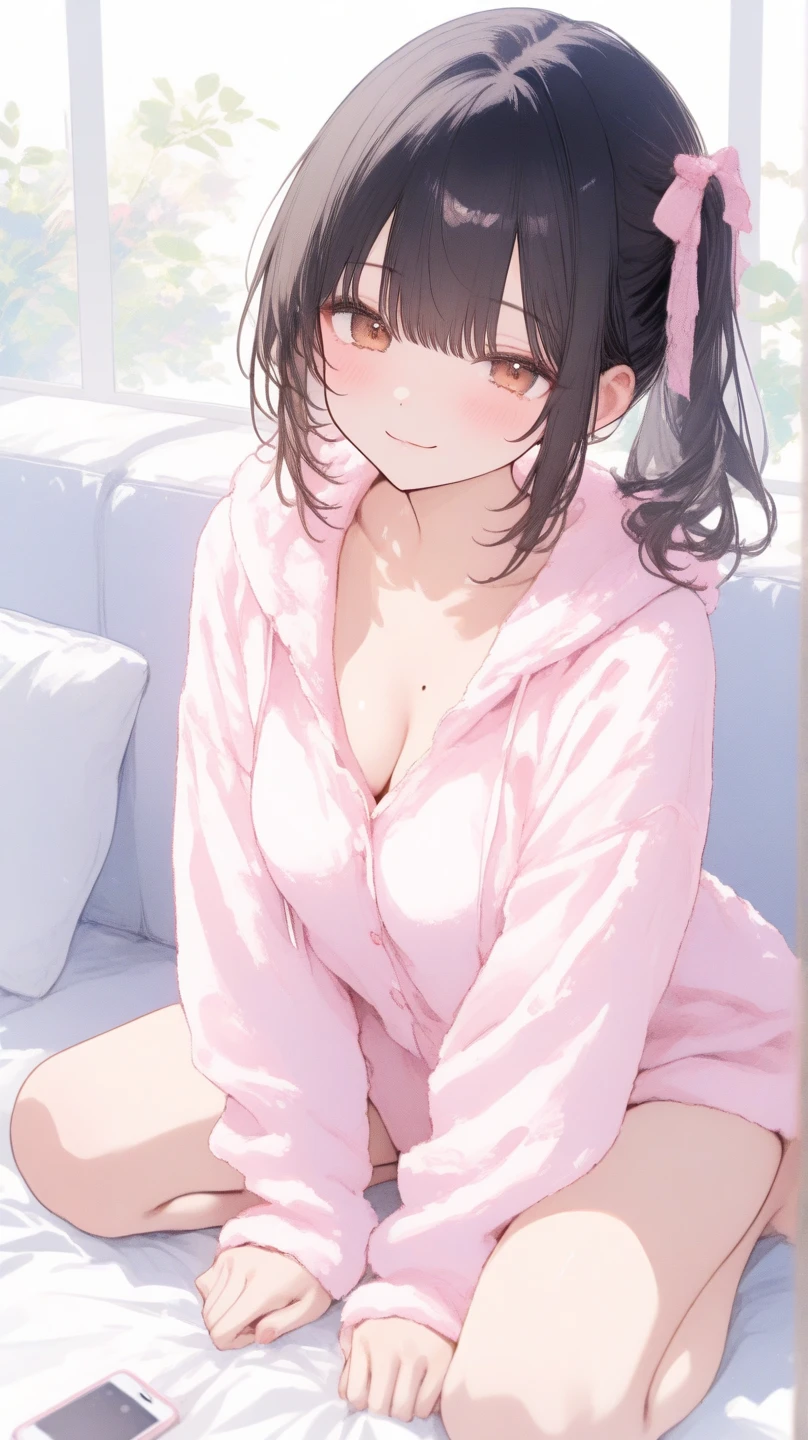 realistic image, coherent image, detailed image, 1 beautiful elf, She has black hair, pulled back, red eyes, her face is oval and delicate, Blushing, smiling, She is wearing a long off-shoulder sweater, slippers moccasins, She has a curvy body, small breasts, thick thighs, sexy pose, snowflakes, black background,