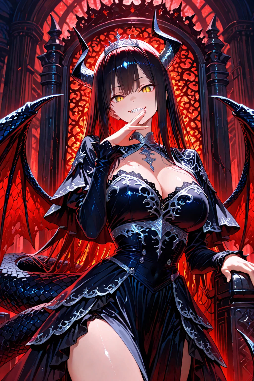Beautiful girl, 20 years old, black hair and AZUl, Black Bat wings, detailed costume in black and orange