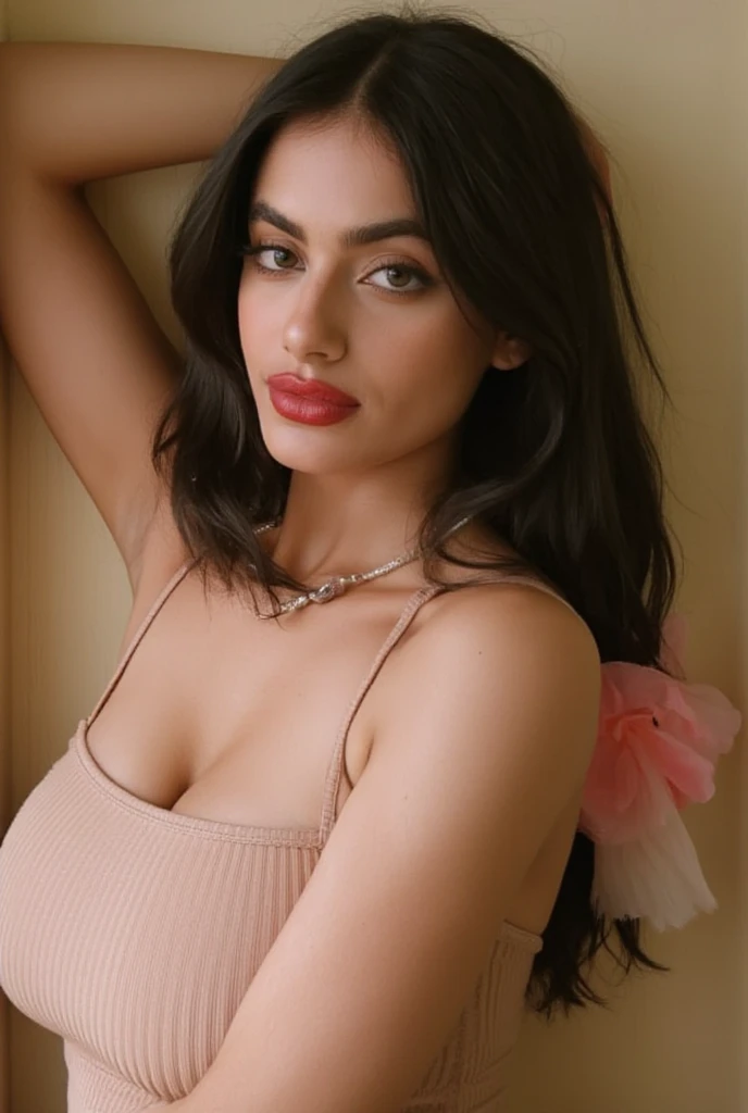 Create an ultra-realistic image of a modern, attractive female influencer of Indian descent, aged between 27 to 30. She should have a warm and inviting smile, expressive almond-shaped eyes with a slight shimmer, and clear, glowing skin with a medium brown complexion. Her features should be well-defined, with high cheekbones and a sharp jawline. Her hair should be long, thick, and styled in a classic chignon with delicate pearl hairpins, with a deep, reddish-purple hue that’s bold yet sophisticated. She should have a slender yet athletic build with gigantic breasts (plump: 1.3) (((Create a close-up image of a young woman sitting confidently, emphasizing her upper body. She is wearing a fitted, long-sleeved, white top with a deep V-neckline that is trimmed with delicate lace. The neckline reveals a well-defined and full cleavage, with the fabric of the top hugging her curves closely, enhancing her figure. Her skin is smooth and glowing under the soft, natural lighting, which highlights the contours of her body and adds warmth to her appearance. Her hair is styled neatly, framing her face, and her expression is calm and poised. The background features a soft, pastel-colored wall and a contrasting dark sofa, creating a cozy, inviting atmosphere that draws focus to her elegant pose.))))
