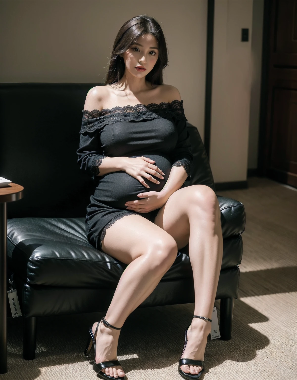 (Very detailed,night, In a dimly lit room, A girl,Married,Married woma,32 years old,Mother,Still has charm,Black头发,a little fat, full, Large sagging breasts, huge big , pregnant, huge pregnant, big pregnant, 9 months, pregnant, 怀着双胞胎的pregnant,Delicate face, Sexy, Wear a turtleneck dress, Bodycon Dress, suspender skirt,Hip skirt,Black色Hip skirt,Black,Garter,Set,Setcoat,coat, HD, full body shot, Work,Water breaks,expiry date,Realistic perfect body, Very realistic)