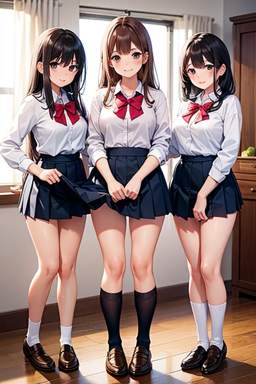 2 girls, smile:1.3, shirt, skirt, (small),((classroom:1.5))、、(blush:1.3)、((青いチェック柄のskirt:1.5))、Cowboy Shot、(skirt lift:1.3),(Highly detailed panties:1.3)、(Highly detailed white panties:1.3)、、(skirt that rolls up:1.3)、(Full-fledged panties:1.5)、,((Pure white cardigan))、