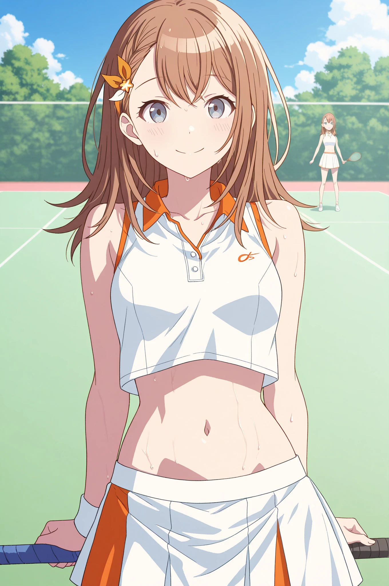 masterpiece, best quality,ultra detail,<lora:GoodHands-vanilla:0.8> <lora:anmnr01:0.3> <lora:add_detail:0.5>,1girl,petite,outdoor,country road,cinematic angle,tanktop,summer,cloud, koshigaya_natsumi_nonnonbiyori <lora:koshigaya_natsumi_nonnonbiyori:0.7>,smile,playing badminton,sideboob,small breasts,racket,flat 