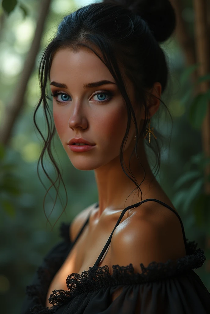 A brunette woman in a bikini at a lake, Realistic, Charismatic, Muitos detalhes, Tema Fantasia Medieval, cabelos longos com franja, 25 anos, corpo inteiro, rosto da princesa, corpo definido, Realismo, Cinematic lighting, de cima, super detalhe,